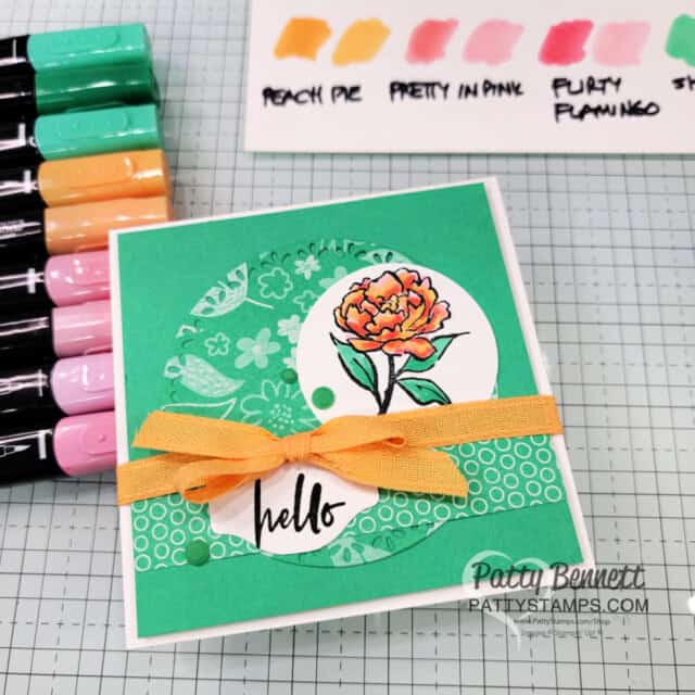 Shy Shamrock Card. Stampin' Blends marker coloring with the Poised Peony stamp set, by Patty Bennett featuring new 2024 2026 Stampin' Up! In Colors.