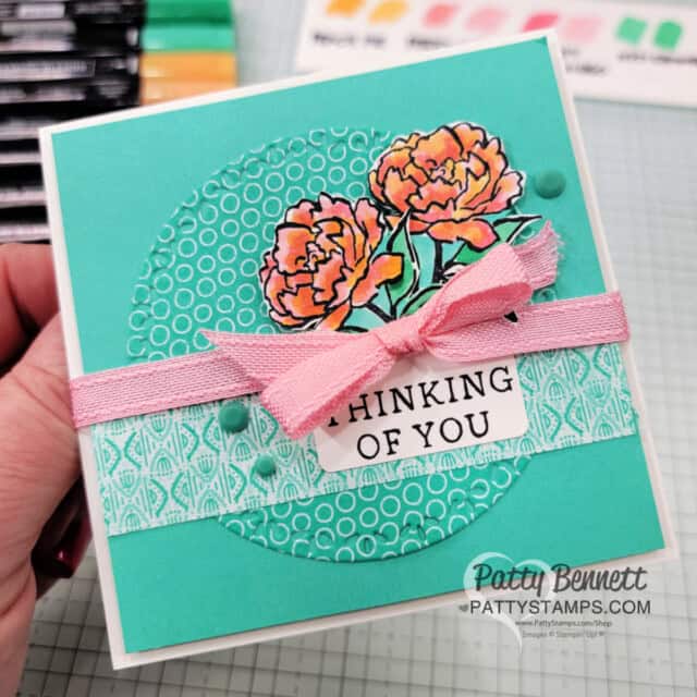 Summer Splash Card. Stampin' Blends marker coloring with the Poised Peony stamp set, by Patty Bennett featuring new 2024 2026 Stampin' Up! In Colors. 