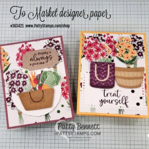 Stampin Up! To Market designer paper shopping tote cards by Patty Bennett