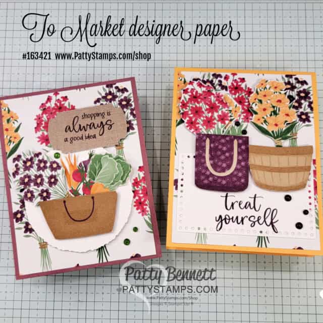 Stampin Up! To Market designer paper shopping tote cards by Patty Bennett