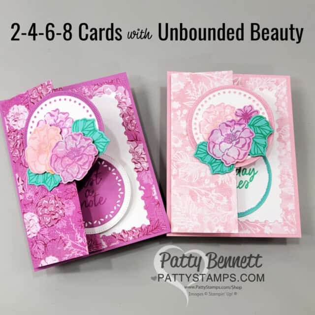 Easy 2 4 6 8 cards featuring Stampin Up! Unbounded Beauty designer paper and Spotlight on Nature circle dies by Patty Bennett