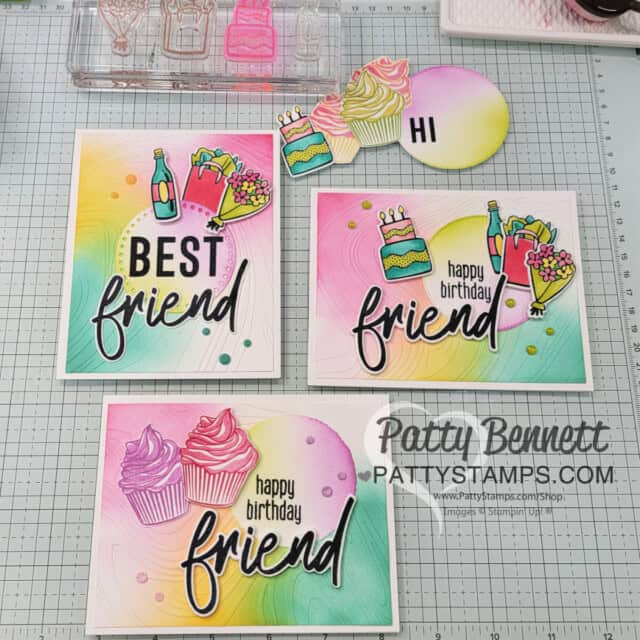 Friends for Life cards featuring Stampin Up! So Swirly embossing folder and ink blending by Patty Bennett