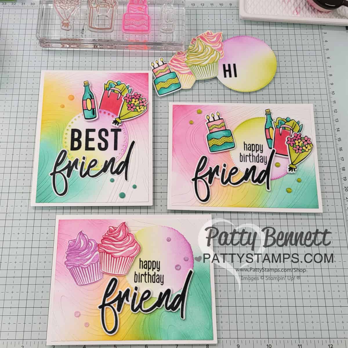 Friends for Life cards featuring Stampin Up! So Swirly embossing folder and ink blending by Patty Bennett