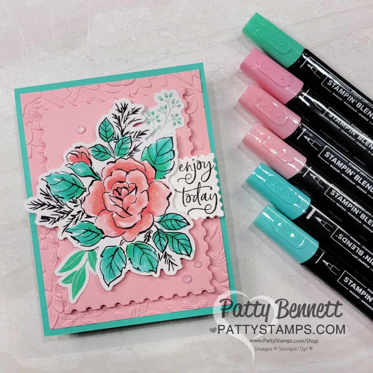 Coloring black and white Fully Flowering Ephemera floral image with Stampin' Blends markers. Card by Patty Bennett