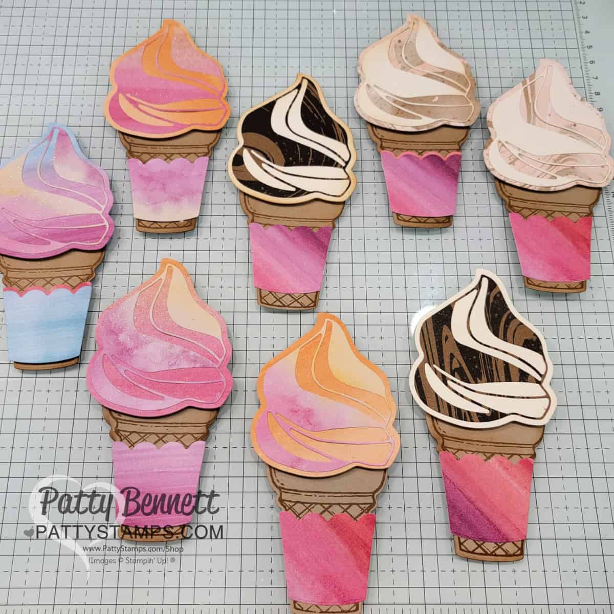 Ice Cream Swirl bundle ice cream cones with Stampin' Up! Full of Life designer paper by Patty Bennett