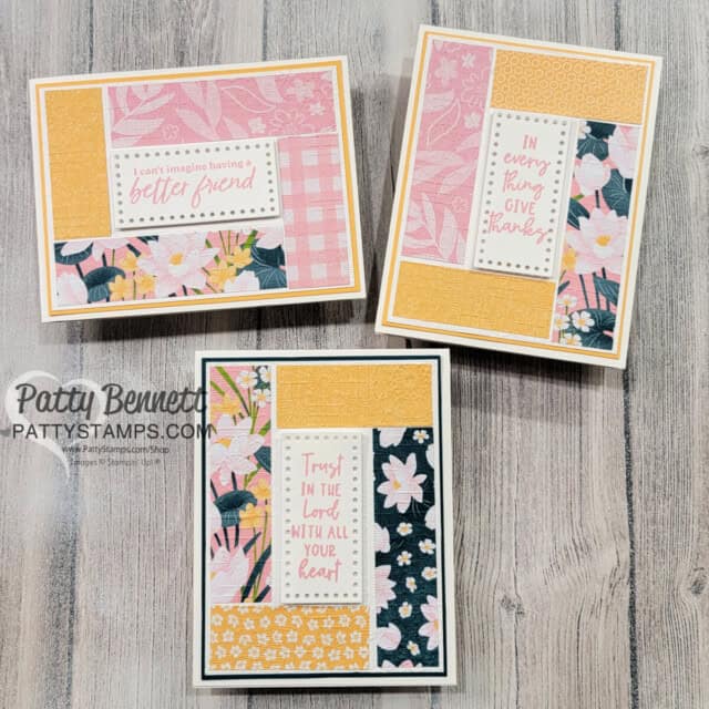 Lily Pond Lane 1' strip cards with Stampin' Up! Cute Crochet embossing folders, by Patty Bennett