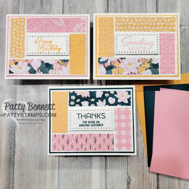 Lily Pond Lane 1' strip cards with Stampin' Up! embossing folders, by Patty Bennett
