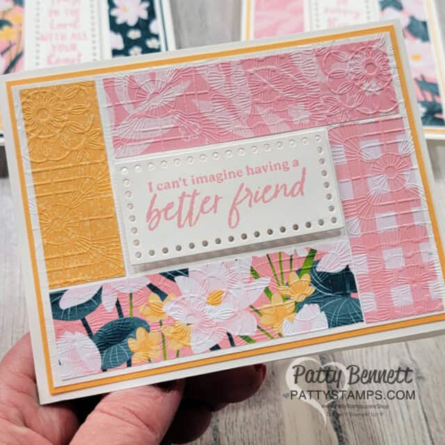 Lily Pond Lane 1' strip cards with Stampin' Up! Cute Crochet embossing folders, by Patty Bennett