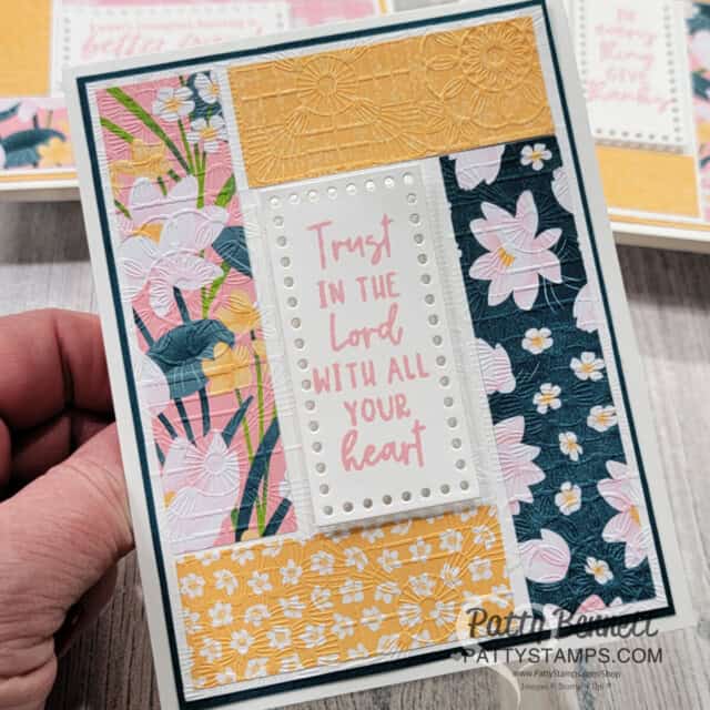 Lily Pond Lane 1' strip cards with Stampin' Up! Cute Crochet embossing folders, by Patty Bennett