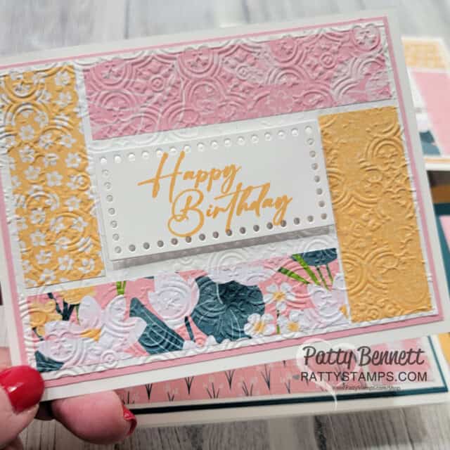 Lily Pond Lane 1' strip cards with Stampin' Up! Distressed Tile embossing folder, by Patty Bennett