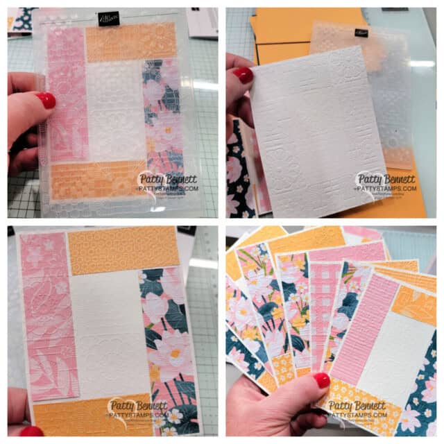 Lily Pond Lane 1' strip cards with Stampin' Up! Cute Crochet embossing folders, by Patty Bennett