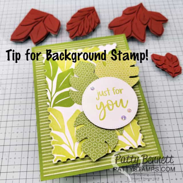 Monochromatic Monday card featuring GREEN: Stampin' Up! Lemon Lime Twist and Granny Apple Green with Leaf background and punch by Patty Bennett