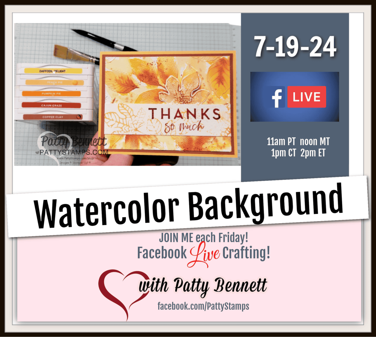 Use a watercolor wash to color the backgrounds of the embossed Changing Leaves cards, live video tutorial by Patty Bennett