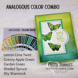 Stampin Up! Wood Textured paper colored with Blending Brushes and blue / green analogous colors. Sketched butterfly stamp set. by Patty Bennett