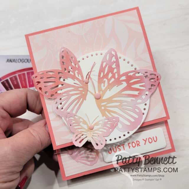 Stampin' Up! paper butterflies colored with blending brushes and ink. Analogous pink color combo card by Patty Bennett