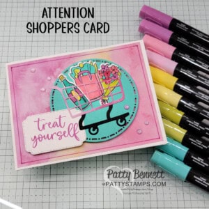 Attention Shoppers cart or basket card featuring Stampin' Up! Blends markers and Full of Life patterned paper stack by Patty Bennett