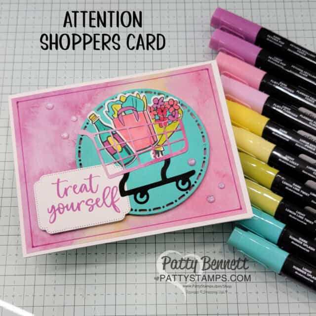 Attention Shoppers cart or basket card featuring Stampin' Up! Blends markers and Full of Life patterned paper stack by Patty Bennett