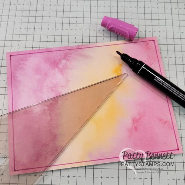 Draw a border tip: Attention Shoppers cart or basket card featuring Stampin' Up! Blends markers and Full of Life patterned paper stack by Patty Bennett