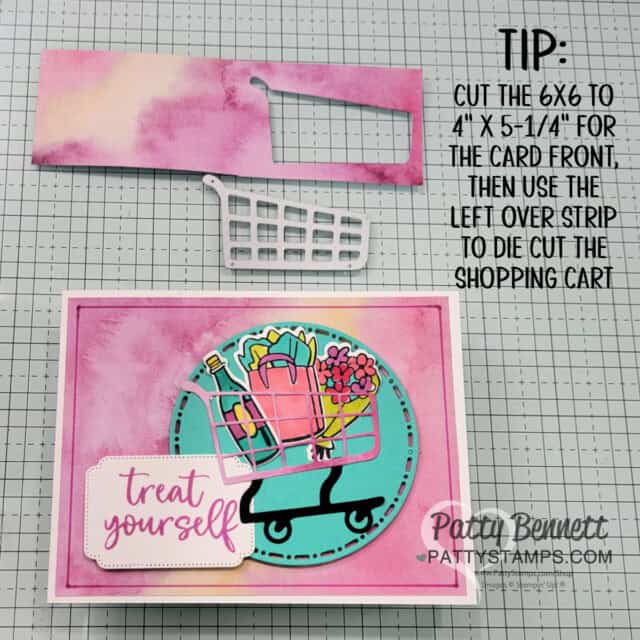 Attention Shoppers cart or basket card featuring Stampin' Up! Blends markers and Full of Life patterned paper stack by Patty Bennett