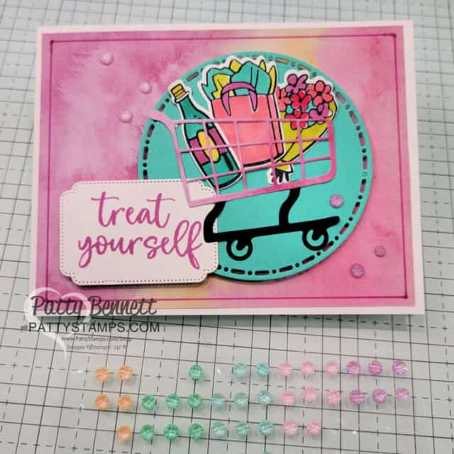 Attention Shoppers cart or basket card featuring Stampin' Up! Blends markers and Full of Life patterned paper stack by Patty Bennett