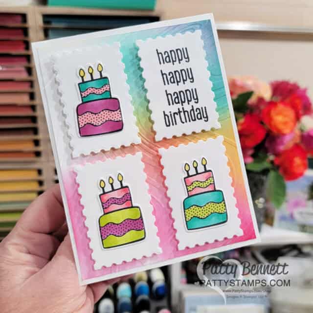 Faux Postage Stamp card idea featuring Stampin' Up! Attention Shoppers bundle and Postage dies. by Patty Bennett