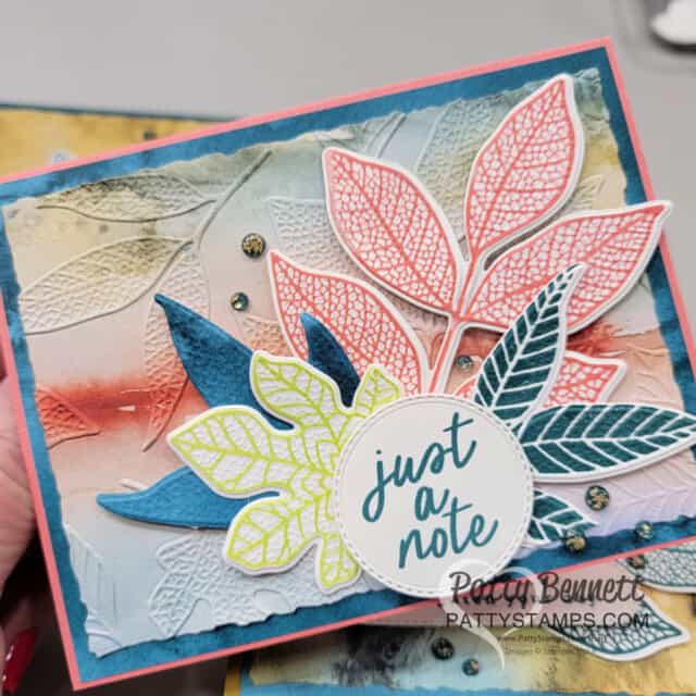 Stampin 'Up! Changing Leaves hybrid embossing folder bundle with Thoughtful Journey patterned paper, Card by Patty Bennett