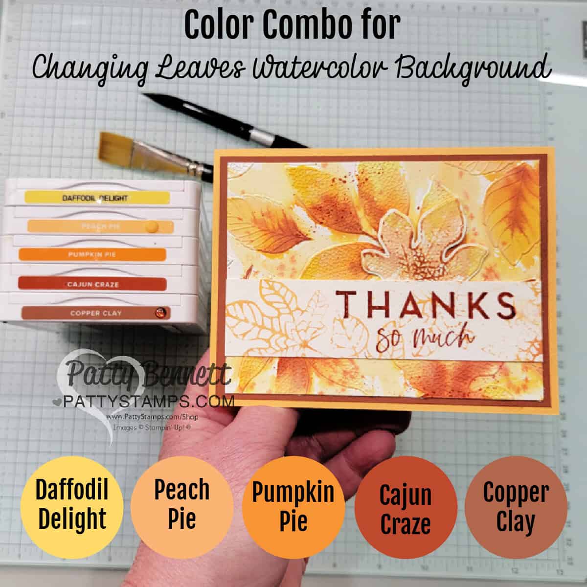 Changing Leaves Hybrid Embossing folder card idea featuring a fall color combo watercolor wash background, by Patty Bennett