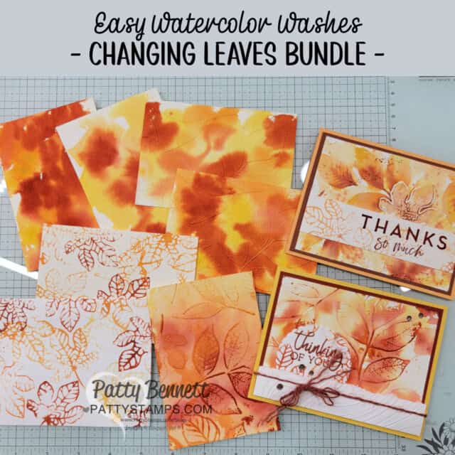 Fall color combo for Stampin' UP! Changing Leaves hybrid embossing folder watercolor background cards by Patty Bennett