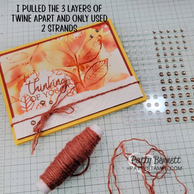 In Color Twine Tip for Changing Leaves Hybrid Embossing folder card idea featuring a fall color combo watercolor wash background, by Patty Bennett