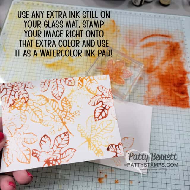 Tip for stamping with watercolor leftovers from the glass mat and Changing Leaves bundle.