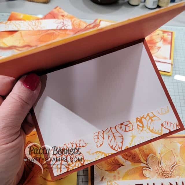 Changing Leaves Hybrid Embossing folder card idea featuring a fall color combo watercolor wash background, by Patty Bennett