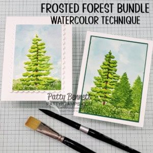 Watercolor technique version: No stamping with the Frosted Forest Online Exclusive. Just Ink blending and watercoloring with the masks. Cards by Patty Bennett