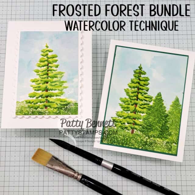 Watercolor technique version: No stamping with the Frosted Forest Online Exclusive. Just Ink blending and watercoloring with the masks. Cards by Patty Bennett