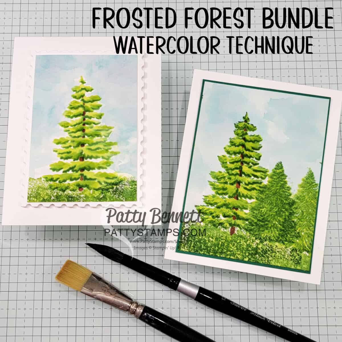 Watercolor technique version: No stamping with the Frosted Forest Online Exclusive. Just Ink blending and watercoloring with the masks. Cards by Patty Bennett
