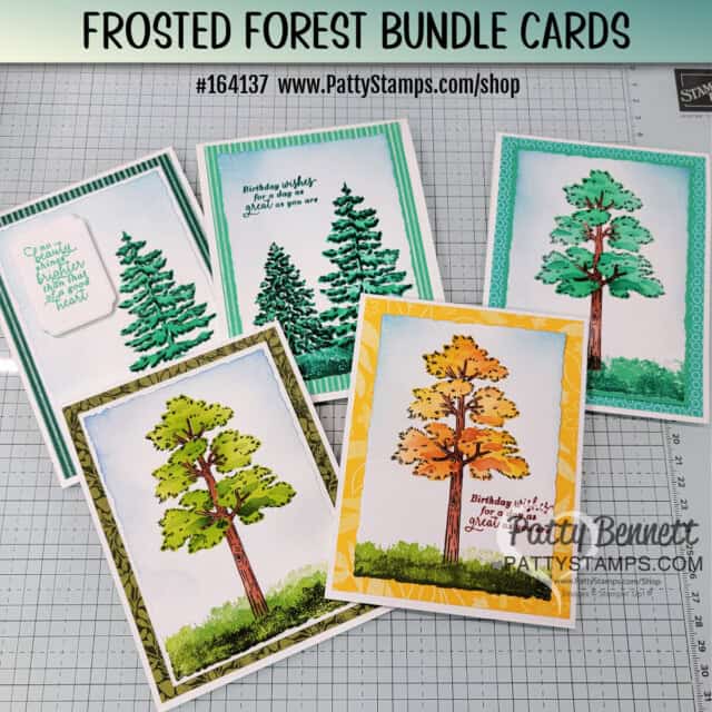 Stampin' Up! Online Exclusive bundle: Frosted Forest includes stamp set, dies and masks. Use with Blending Brushes and ink. cards by Patty Bennett