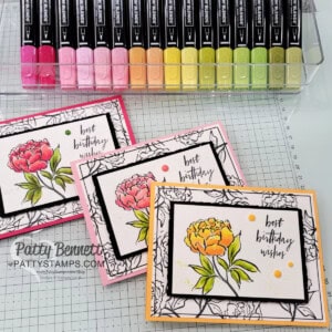 Stampin UP Poised Peony cards with Stampin Blend marker coloring. Video tutorial by Patty Bennett