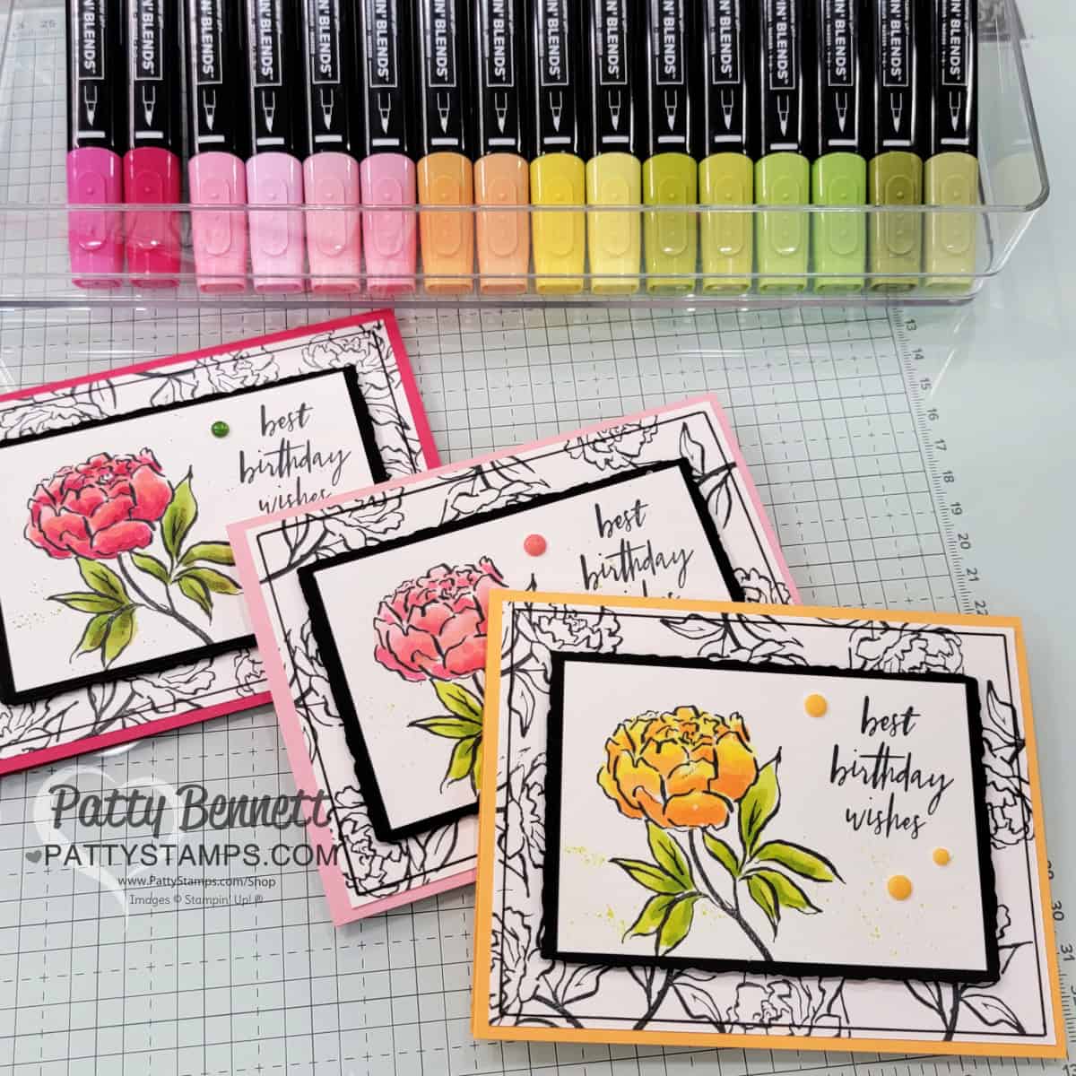 Stampin UP Poised Peony cards with Stampin Blend marker coloring. Video tutorial by Patty Bennett