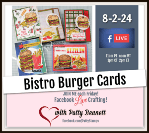 Live card crafting video Stampin' Up! Bistro Burger bundle colored with Stampin' Blends. Backfold card instructions.