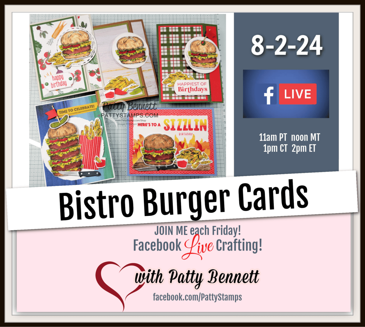 Live card crafting video Stampin' Up! Bistro Burger bundle colored with Stampin' Blends. Backfold card instructions.