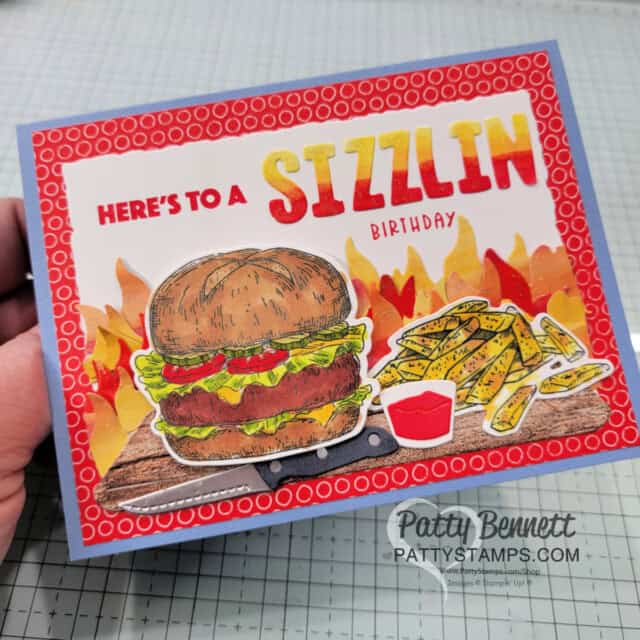 Stampin' Up! Bistro Burger bundle birthday card featuring Mini Alphabet dies by Patty Bennett