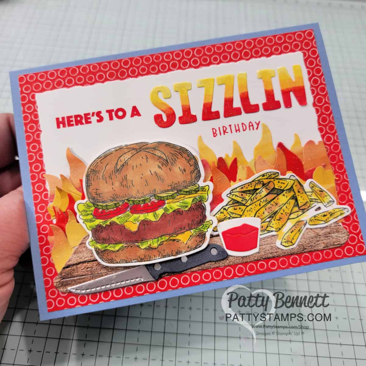 Stampin' Up! Bistro Burger bundle birthday card featuring Mini Alphabet dies by Patty Bennett