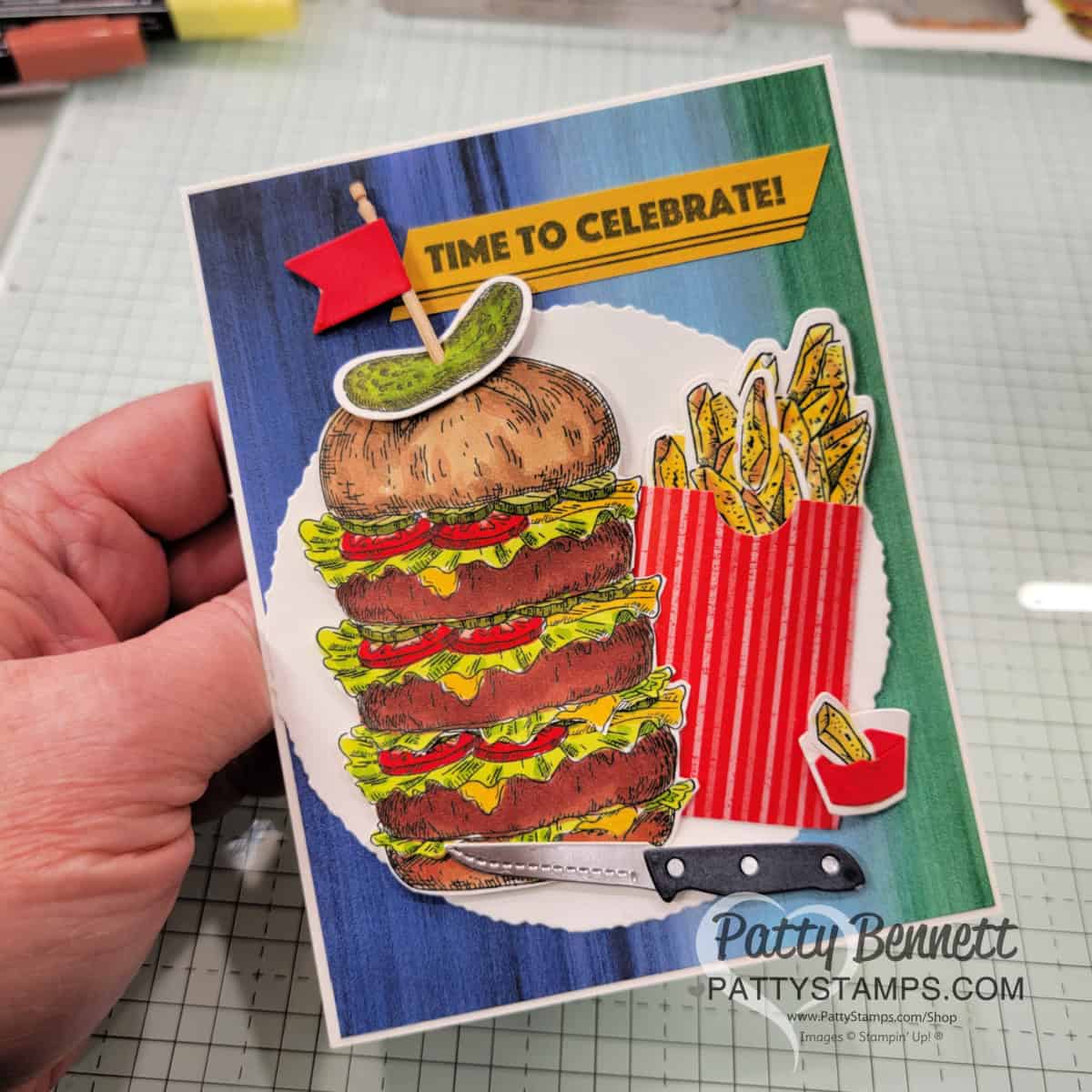Triple Burger birthday card featuring Stampin' Blends coloring and Bistro Burger bundle, by Patty Bennett