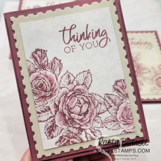Stamping on Stampin' UP! Country Lace designer paper with the Stippled Rose stamp, Thinking of you card by Patty Bennett
