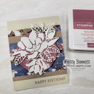 Magnolia Mood floral die cut on Wildly Flowering strip card background. Stampin' Up! card by Patty Bennett