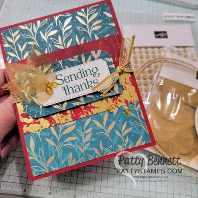 Stampin' Up! card with gold leaves and Regal Distressed, and Season of Elegance designer papers by Patty Bennett