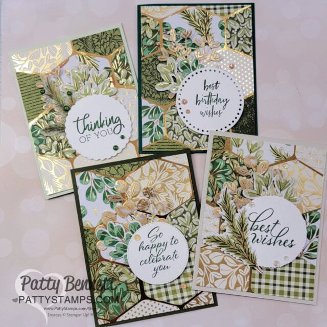 Stampin UP! Season of Green and Gold Christmas Cards with Heartfelt Hexagon punch by Patty Bennett