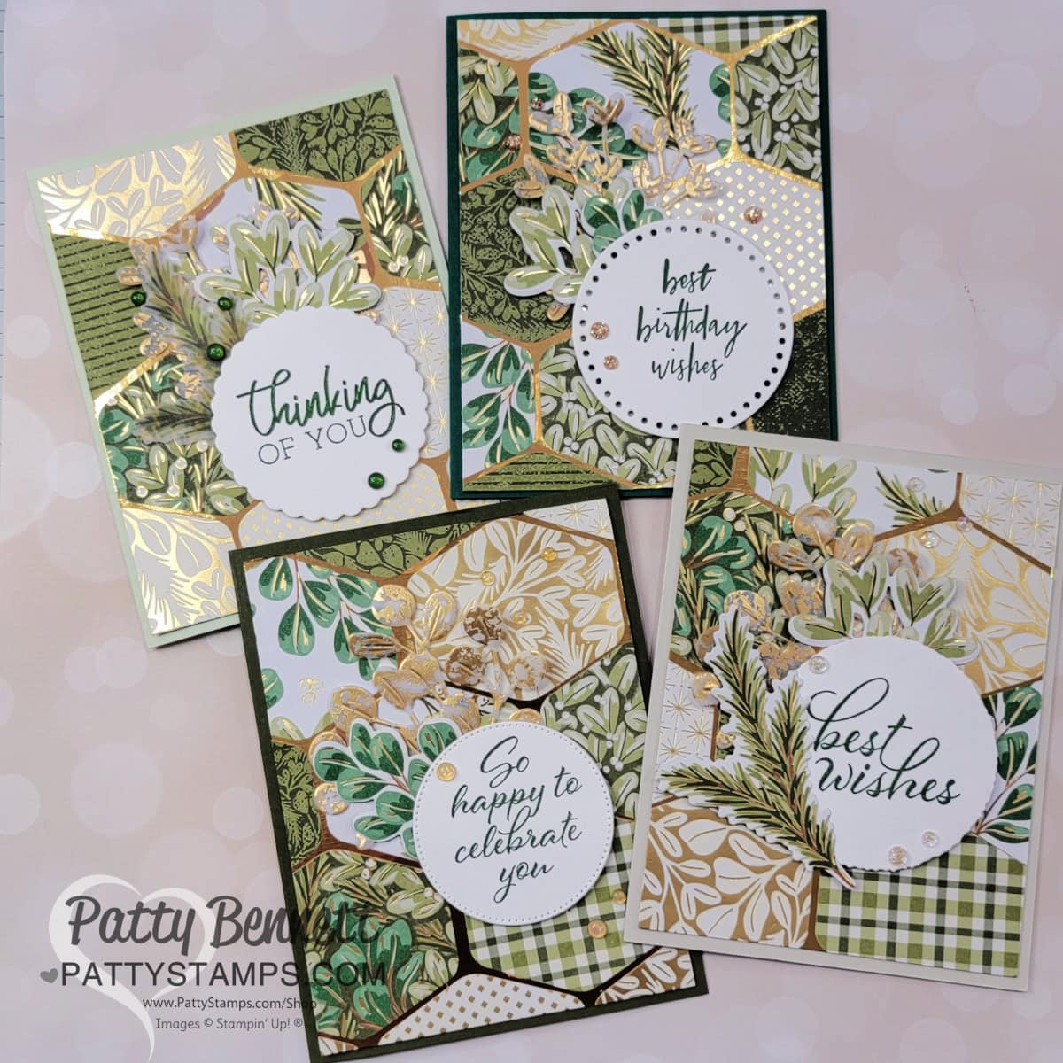 Stampin UP! Season of Green and Gold Christmas Cards with Heartfelt Hexagon punch by Patty Bennett