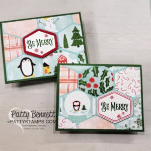 Stampin Up! Heartfelt Hexagon punch Christmas cards featuring Snowy Scenes paper and Be Merry stamp by Patty Bennett