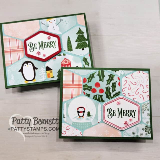 Stampin Up! Heartfelt Hexagon punch Christmas cards featuring Snowy Scenes paper and Be Merry stamp by Patty Bennett