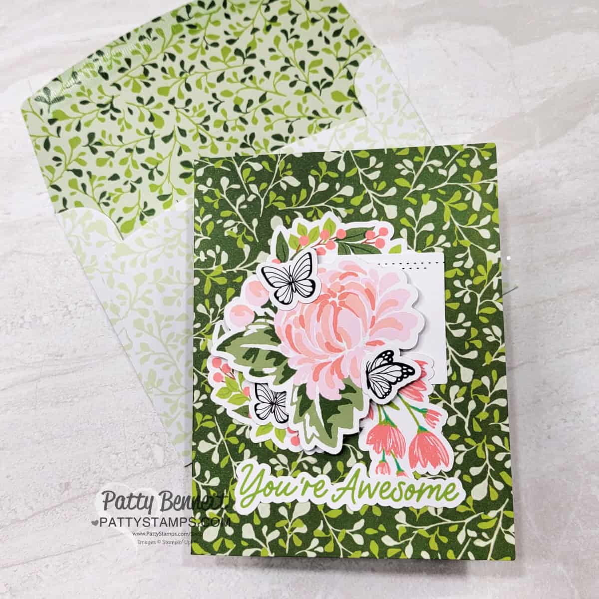 Fully Flowering Ephemera pack easy card with Stampin Up! papercrafting supplies by Patty Bennett